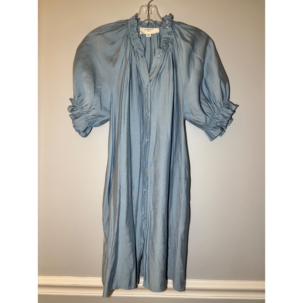 Pomander Place Dress Womens XS Blue Puff Sleeve Ruffle Neck Button Front B1086